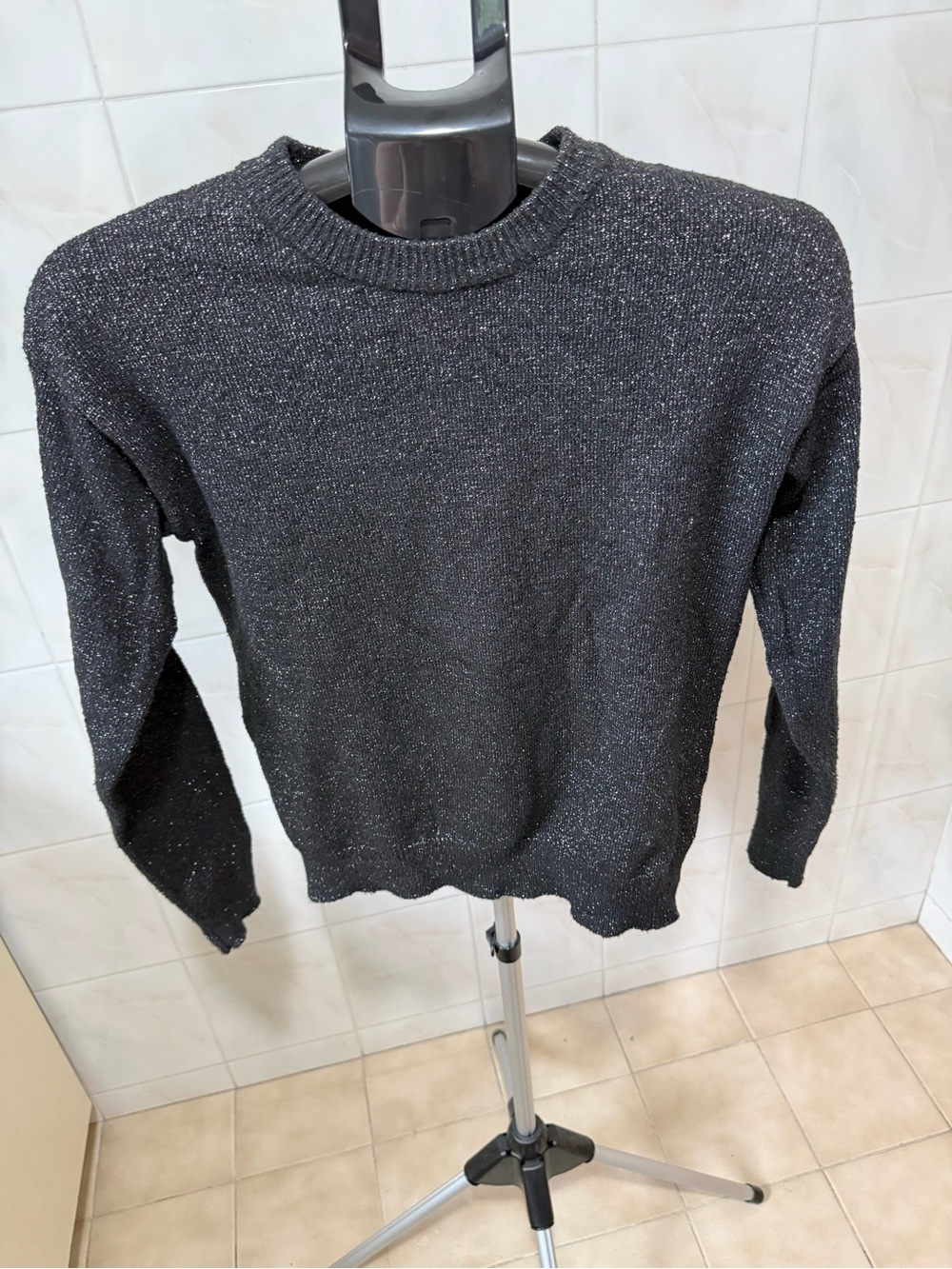 Women’s Crewneck Sweater in Black with Subtle Metallic Thread